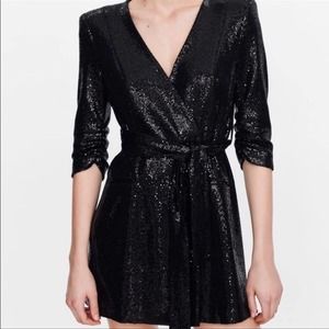 Zara Sequin Blazer Dress Sz S Black